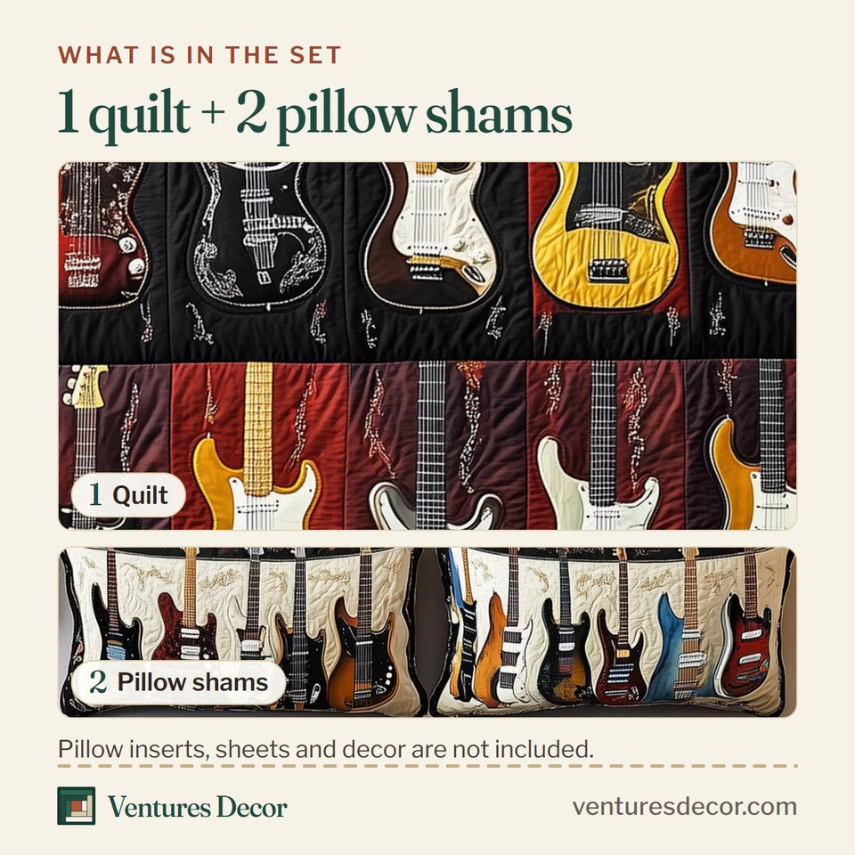 What is in the set: one quilt and two pillow shams, shown in the Intricate Electric Guitars Flame Backdrop design