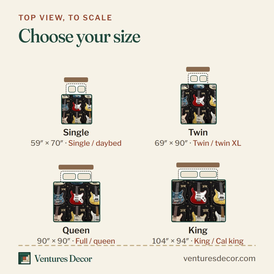 Size guide for the Intricate Electric Guitars Red Trim Rows quilt, top view to scale: Single 59 x 70 in, Twin 69 x 90 in, Queen 90 x 90 in, King 104 x 94 in