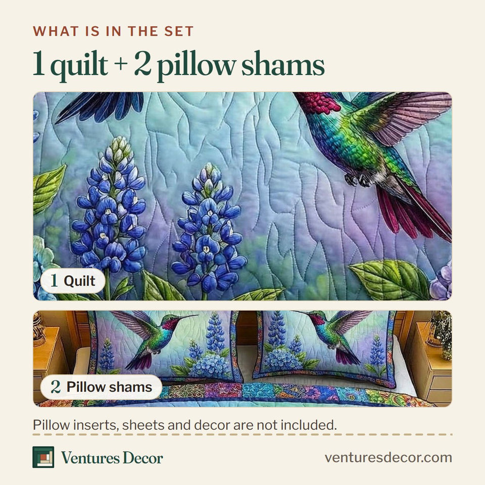 What is in the set: one quilt and two pillow shams, shown in the Iridescent Drift Bluebonnet Meadow design