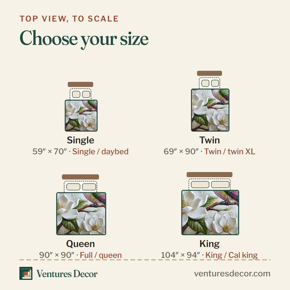 Size guide for the Iridescent Drift Magnolia Branch quilt, top view to scale: Single 59 x 70 in, Twin 69 x 90 in, Queen 90 x 90 in, King 104 x 94 in