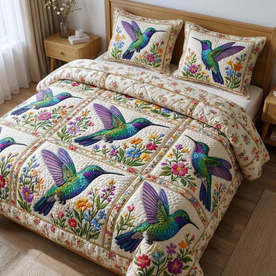 Iridescent Drift Wildflower Panels quilted bedding set, quilt and two pillow shams on a made bed