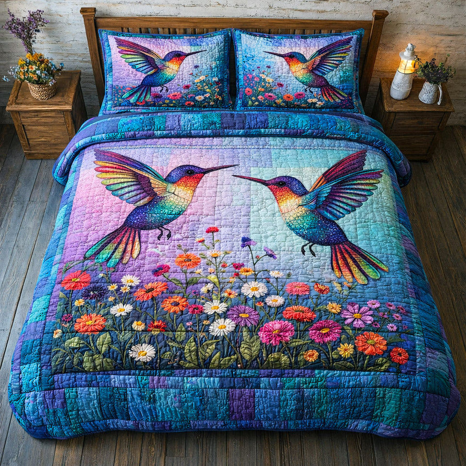 Iridescent Flutter Facing Pair Above the Blooms quilted bedding set, quilt and two pillow shams on a made bed