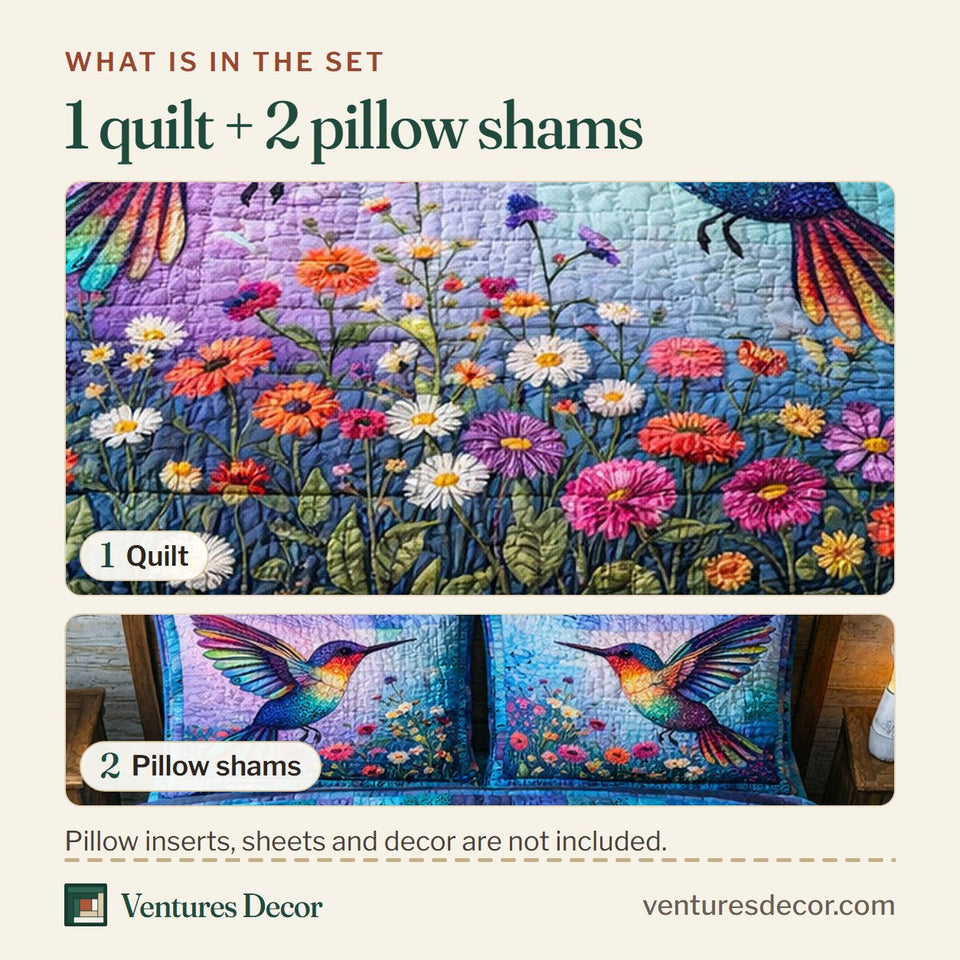 What is in the set: one quilt and two pillow shams, shown in the Iridescent Flutter Facing Pair Above the Blooms design