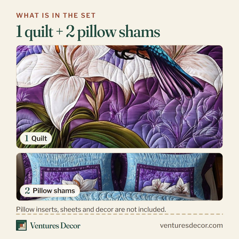 What is in the set: one quilt and two pillow shams, shown in the Iridescent Hummingbird design