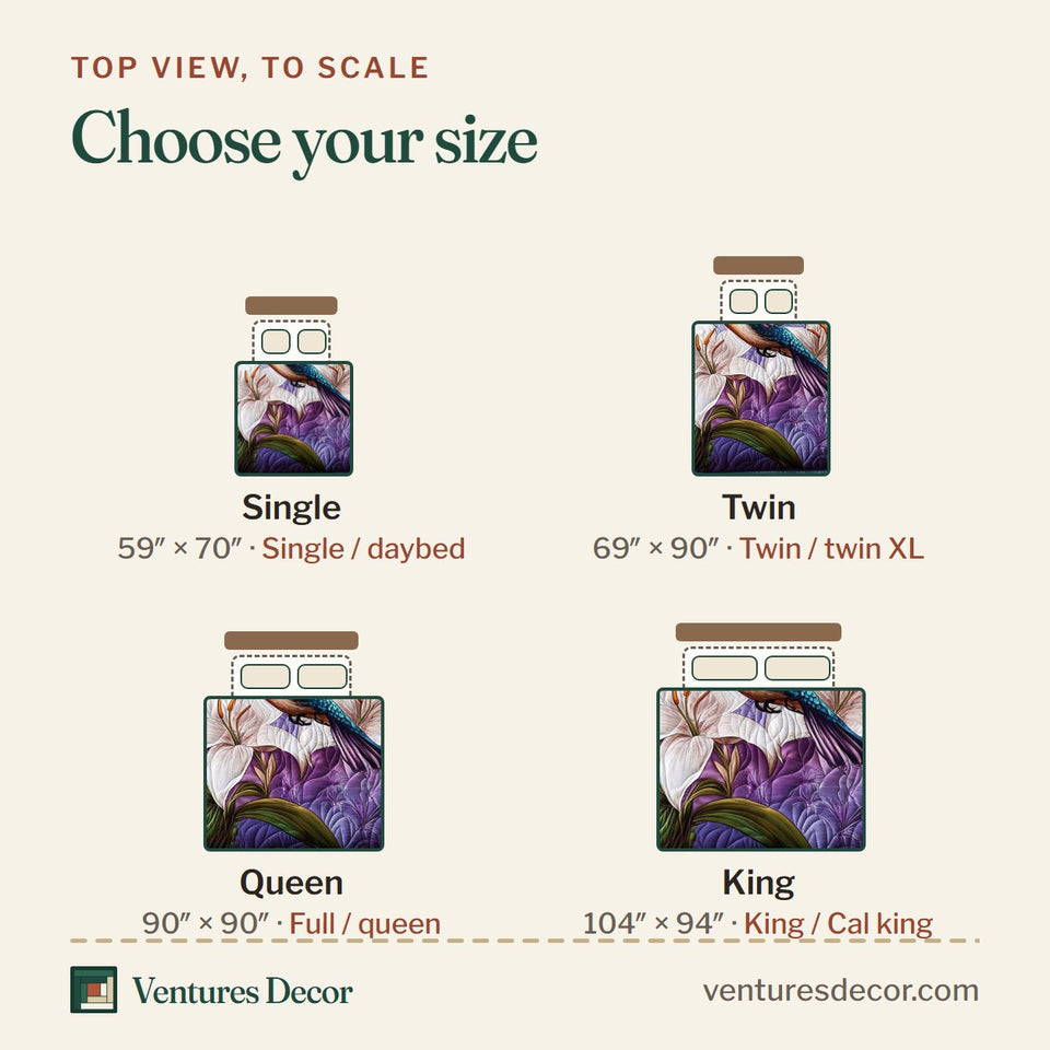 Size guide for the Iridescent Hummingbird quilt, top view to scale: Single 59 x 70 in, Twin 69 x 90 in, Queen 90 x 90 in, King 104 x 94 in