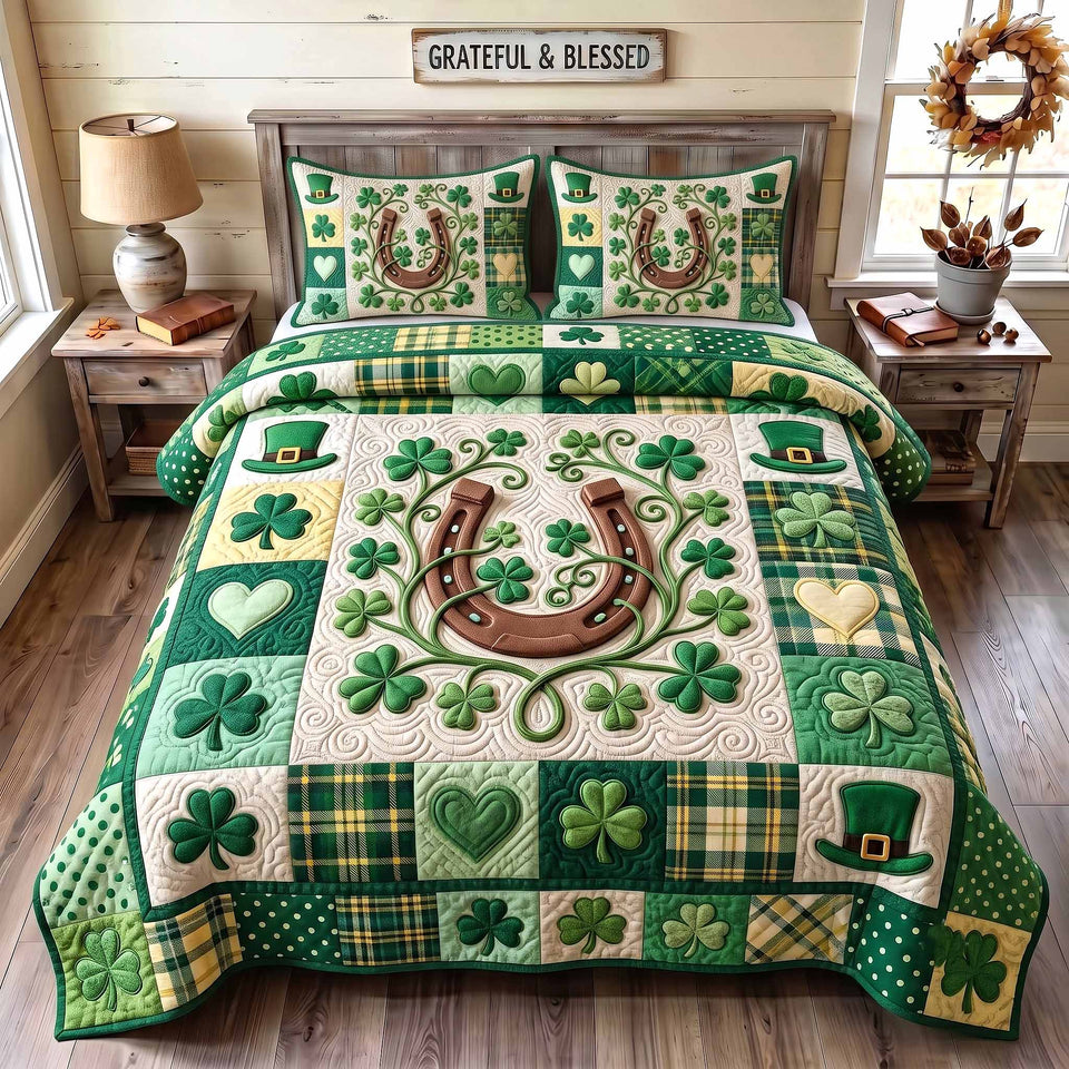 Irish Blessings Horseshoe And Hat Patch quilted bedding set, quilt and two pillow shams on a made bed