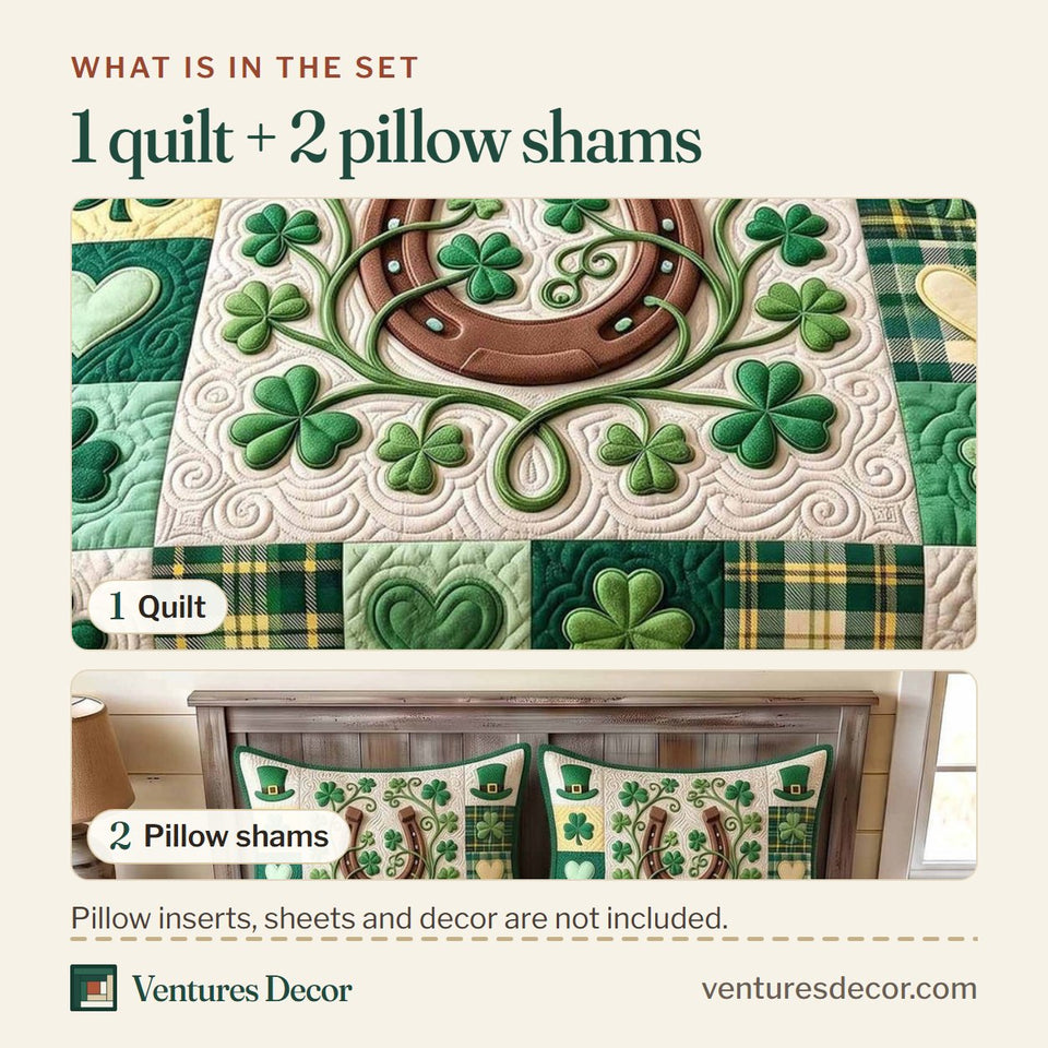 What is in the set: one quilt and two pillow shams, shown in the Irish Blessings Horseshoe And Hat Patch design