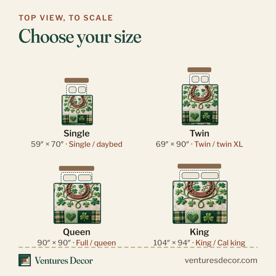 Size guide for the Irish Blessings Horseshoe And Hat Patch quilt, top view to scale: Single 59 x 70 in, Twin 69 x 90 in, Queen 90 x 90 in, King 104 x 94 in