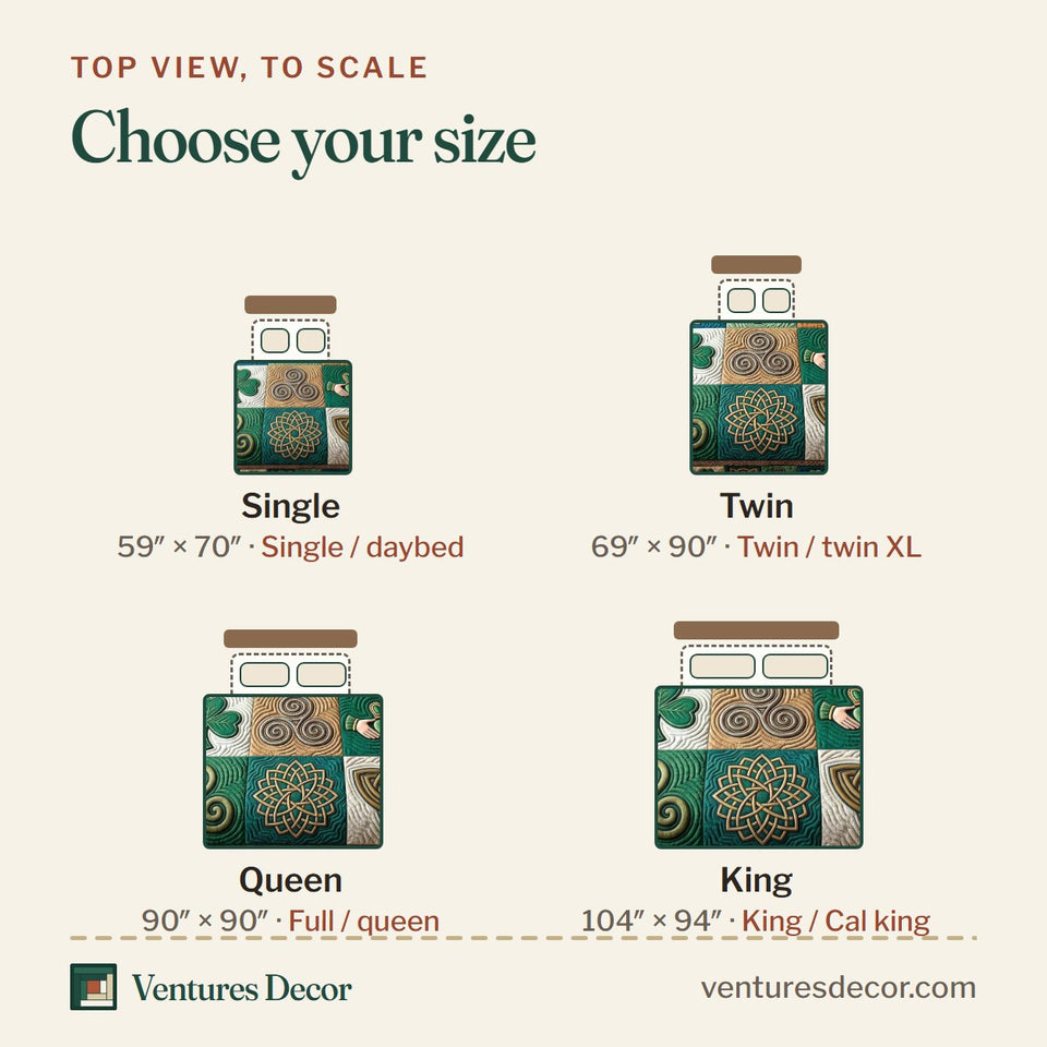 Size guide for the Irish Blessings Knotwork Sampler Blocks quilt, top view to scale: Single 59 x 70 in, Twin 69 x 90 in, Queen 90 x 90 in, King 104 x 94 in