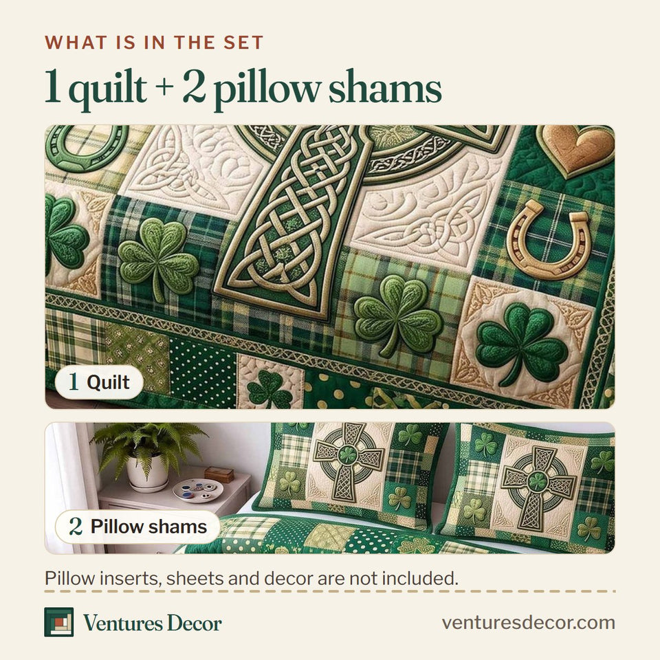 What is in the set: one quilt and two pillow shams, shown in the Irish Blessings Plaid Patch Cross design