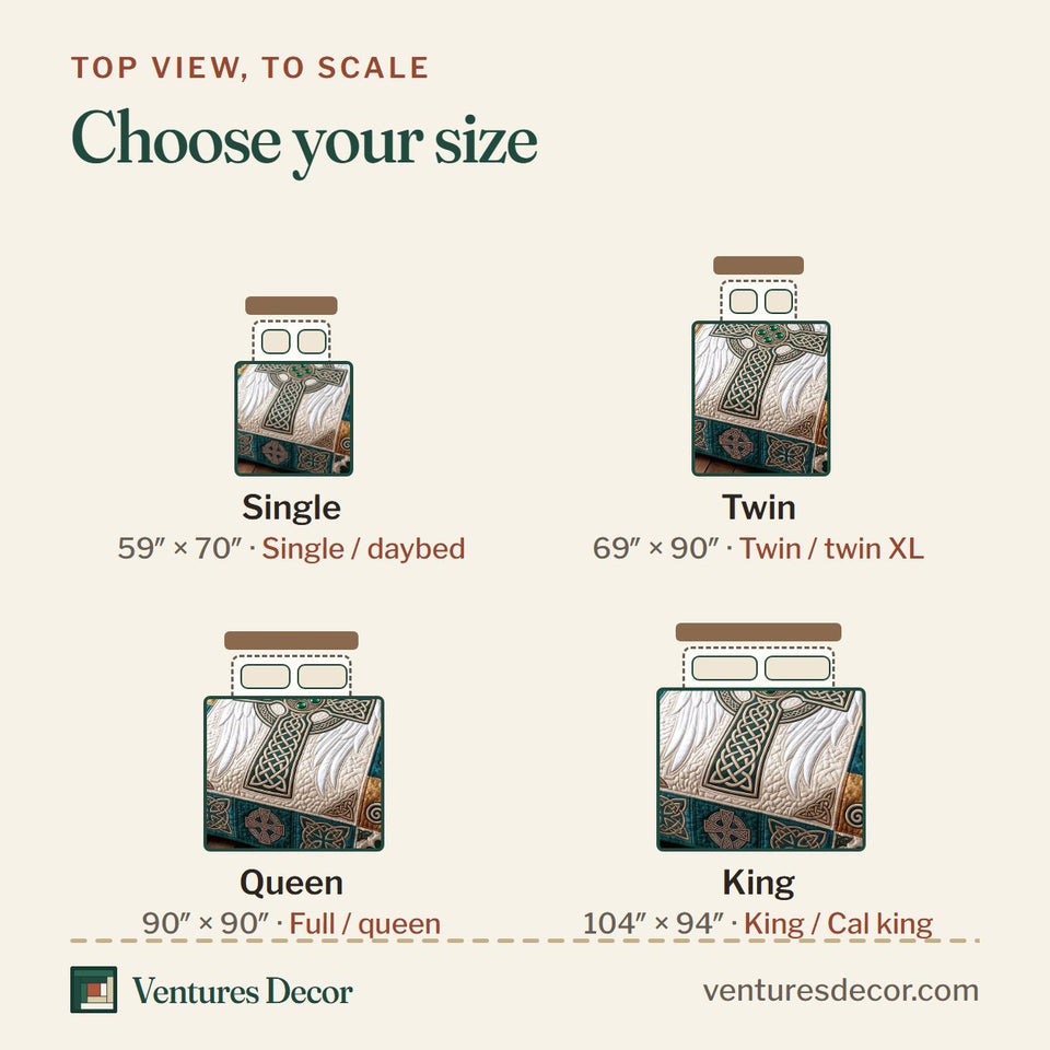 Size guide for the Irish Blessings Teal Block Celtic Cross quilt, top view to scale: Single 59 x 70 in, Twin 69 x 90 in, Queen 90 x 90 in, King 104 x 94 in