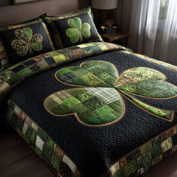 Irish Fortune Shamrock on Black quilted bedding set, quilt and two pillow shams on a made bed