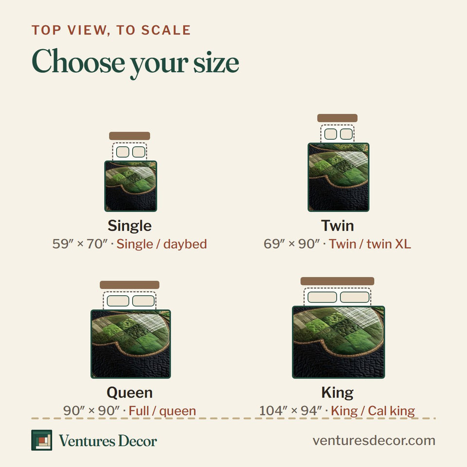 Size guide for the Irish Fortune Shamrock on Black quilt, top view to scale: Single 59 x 70 in, Twin 69 x 90 in, Queen 90 x 90 in, King 104 x 94 in