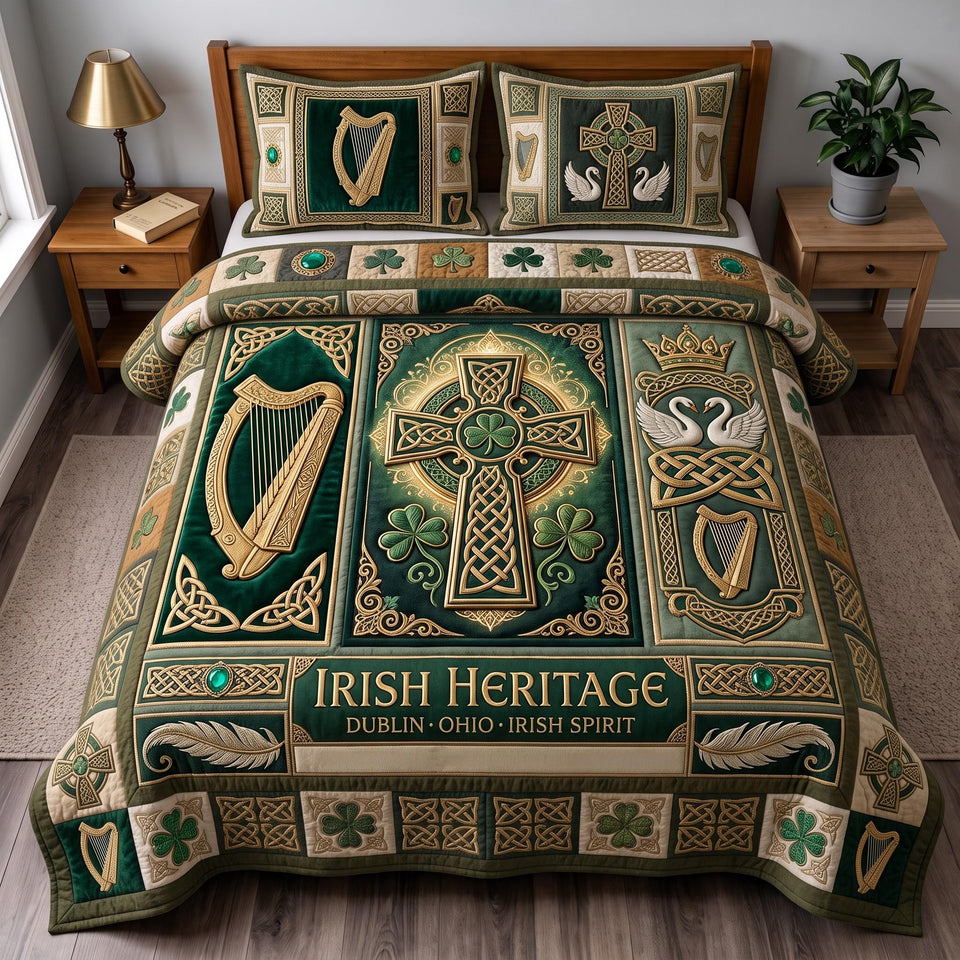 Irish Legacy quilted bedding set, quilt and two pillow shams on a made bed