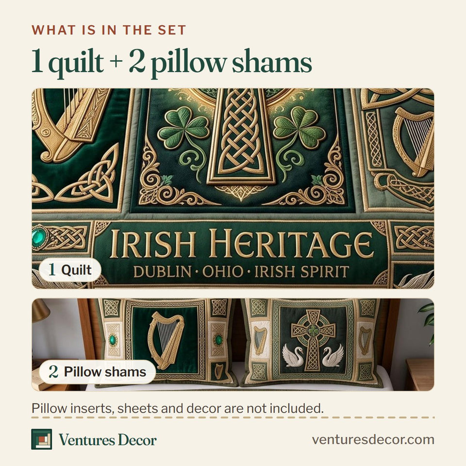 What is in the set: one quilt and two pillow shams, shown in the Irish Legacy design