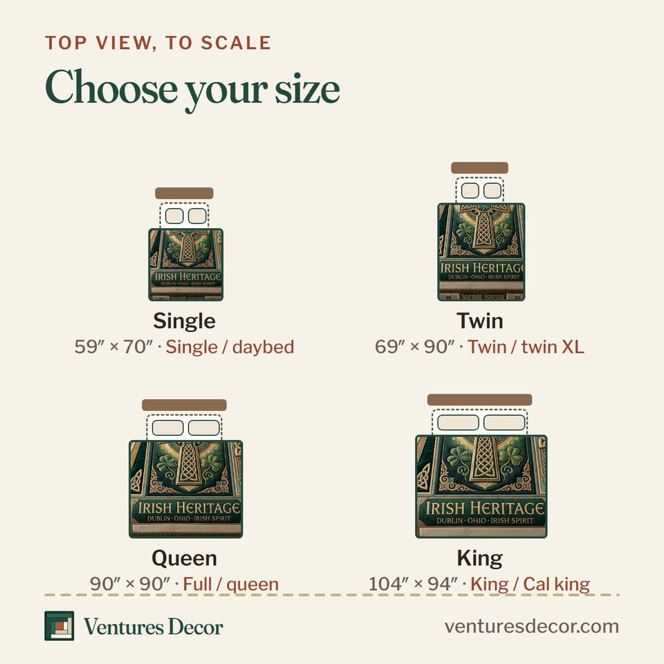 Size guide for the Irish Legacy quilt, top view to scale: Single 59 x 70 in, Twin 69 x 90 in, Queen 90 x 90 in, King 104 x 94 in