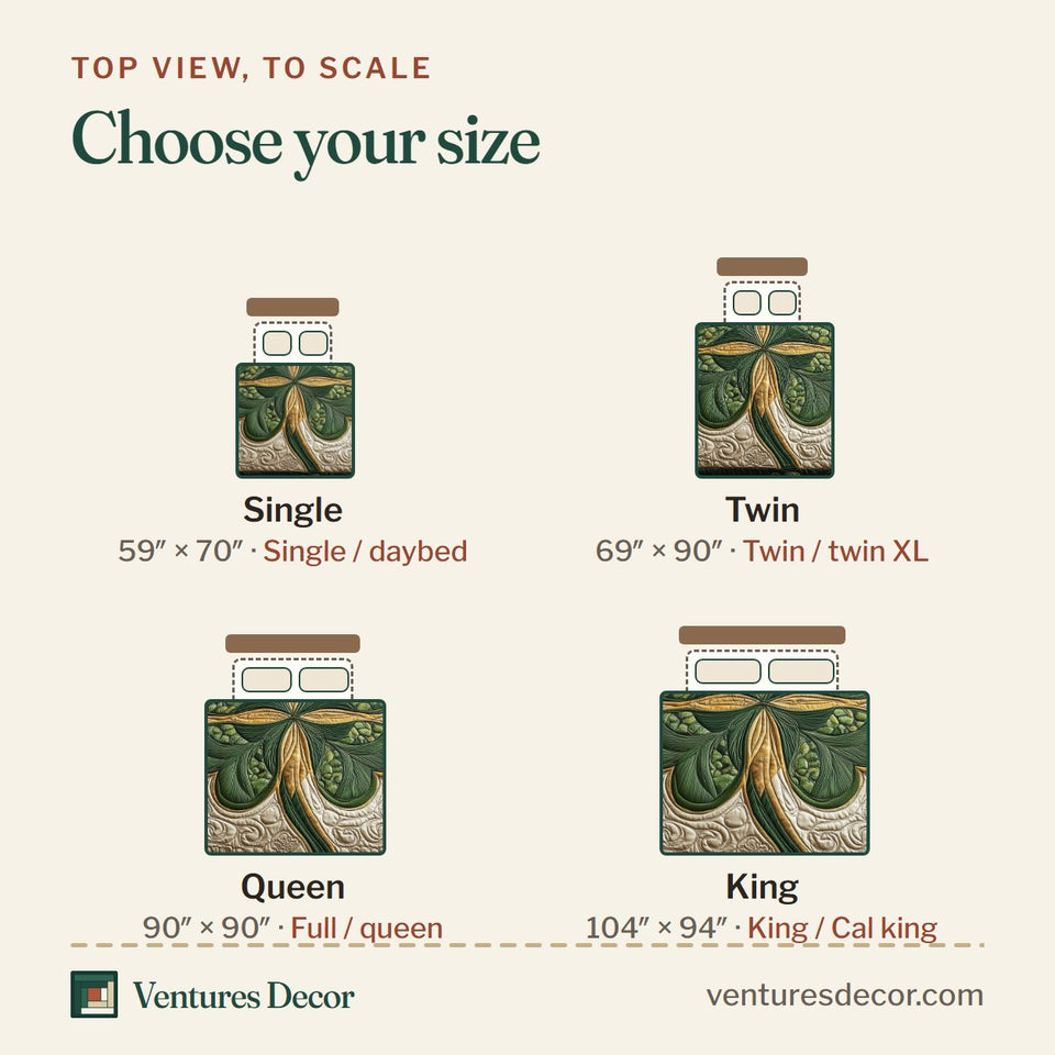 Size guide for the Irish Lucky Charm Teal Framed Panel quilt, top view to scale: Single 59 x 70 in, Twin 69 x 90 in, Queen 90 x 90 in, King 104 x 94 in