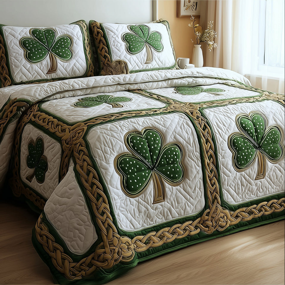 Irish Shamrock Braided Block Panels quilted bedding set, quilt and two pillow shams on a made bed