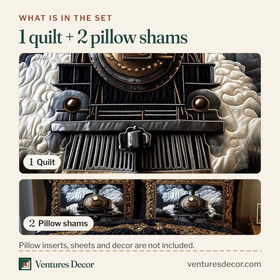 What is in the set: one quilt and two pillow shams, shown in the Iron Horse Steam Engine design