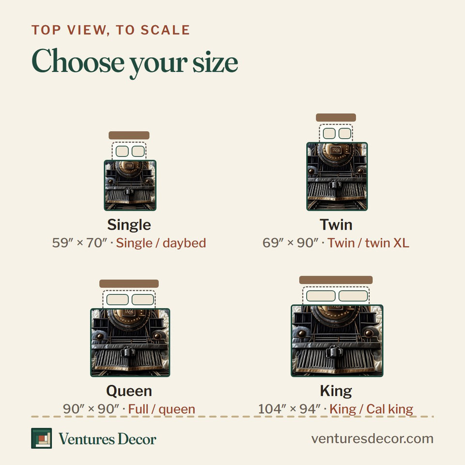 Size guide for the Iron Horse Steam Engine quilt, top view to scale: Single 59 x 70 in, Twin 69 x 90 in, Queen 90 x 90 in, King 104 x 94 in