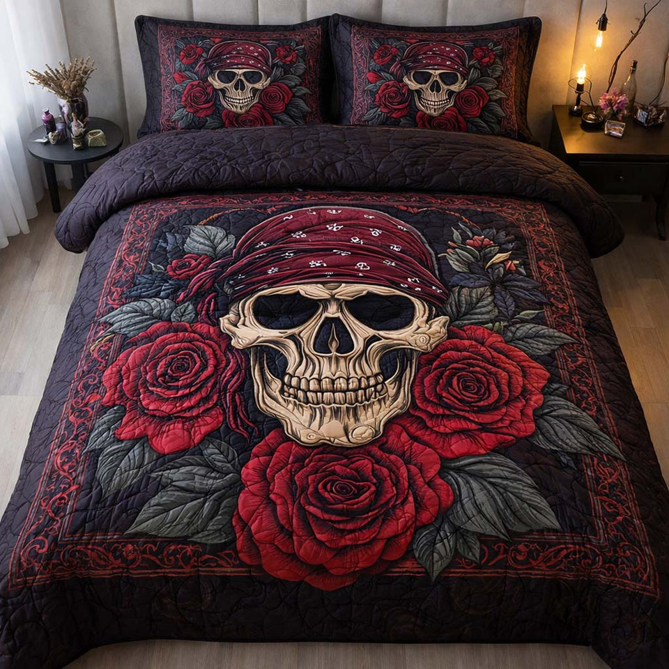 Iron Rose Skull quilted bedding set, quilt and two pillow shams on a made bed