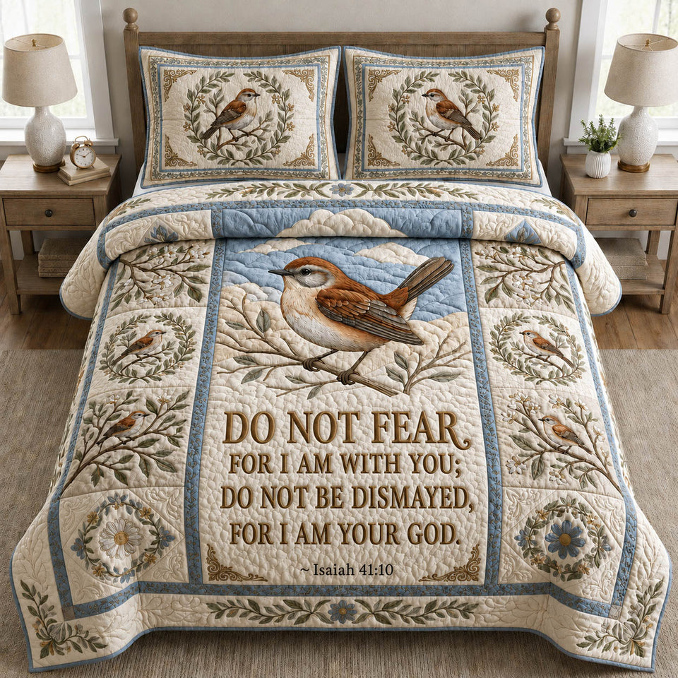 Isaiah 41 10 Garden Sparrow quilted bedding set, quilt and two pillow shams on a made bed