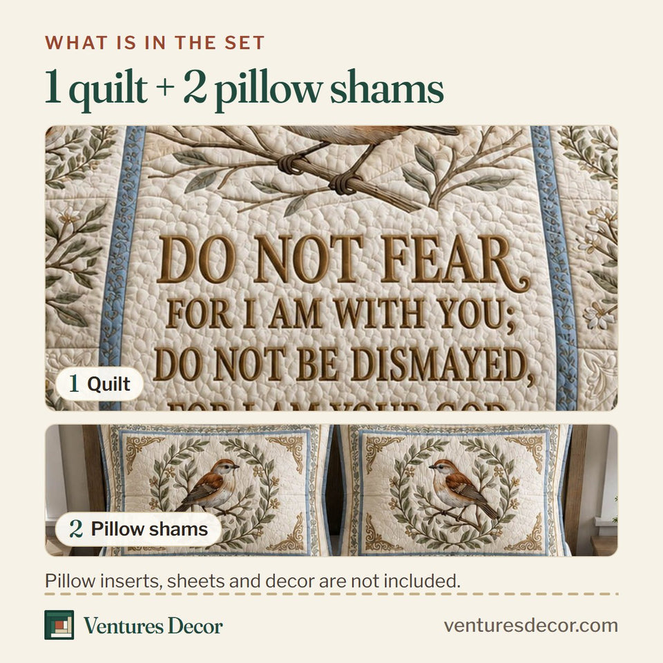 What is in the set: one quilt and two pillow shams, shown in the Isaiah 41 10 Garden Sparrow design
