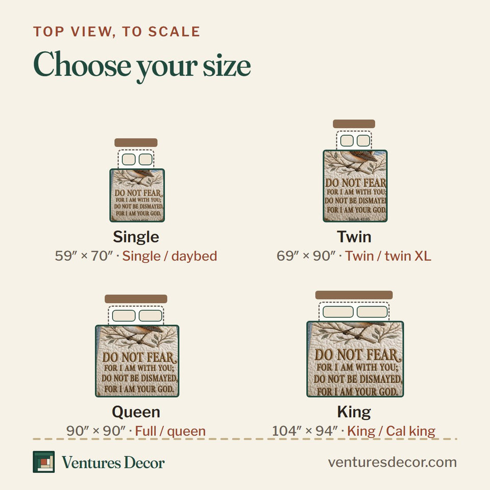 Size guide for the Isaiah 41 10 Garden Sparrow quilt, top view to scale: Single 59 x 70 in, Twin 69 x 90 in, Queen 90 x 90 in, King 104 x 94 in