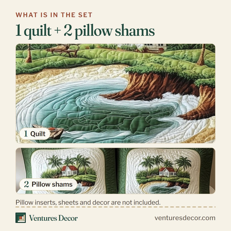 What is in the set: one quilt and two pillow shams, shown in the Island Palms Hideout design