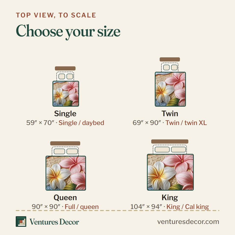 Size guide for the Island Plumera Paradise Pink Shoreline quilt, top view to scale: Single 59 x 70 in, Twin 69 x 90 in, Queen 90 x 90 in, King 104 x 94 in