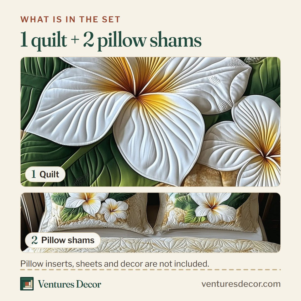 What is in the set: one quilt and two pillow shams, shown in the Island Plumera Paradise White Blooms On Sand design