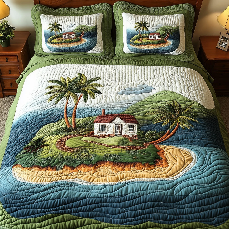 Island Serenity Cottage Between the Palms quilted bedding set, quilt and two pillow shams on a made bed