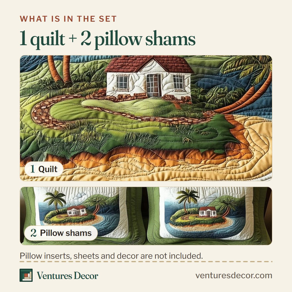What is in the set: one quilt and two pillow shams, shown in the Island Serenity Cottage Between the Palms design