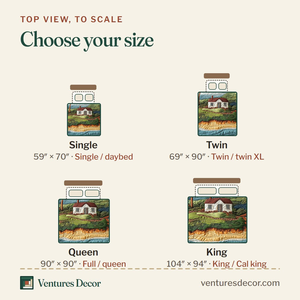 Size guide for the Island Serenity Cottage Between the Palms quilt, top view to scale: Single 59 x 70 in, Twin 69 x 90 in, Queen 90 x 90 in, King 104 x 94 in