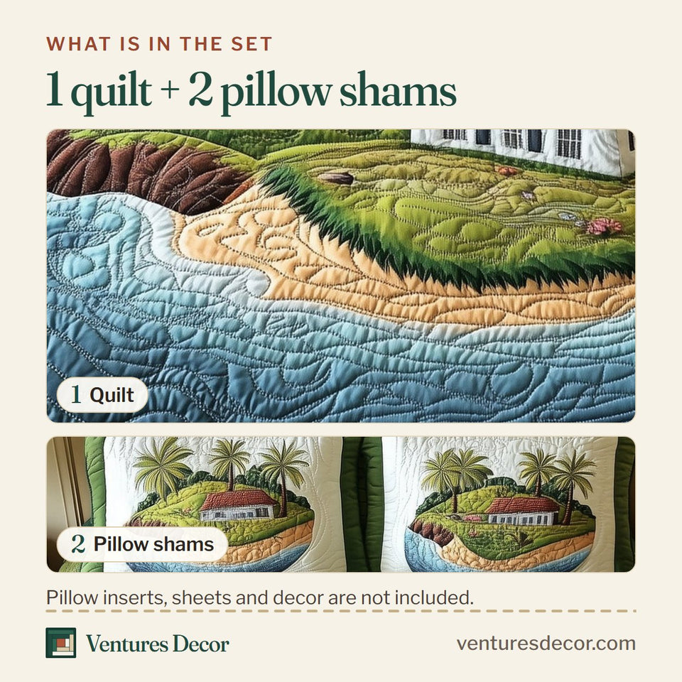What is in the set: one quilt and two pillow shams, shown in the Island Serenity Red Roof Above the Bay design