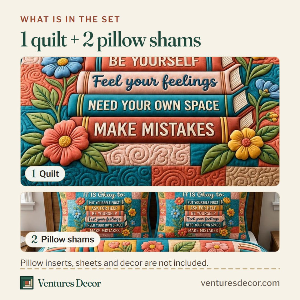 What is in the set: one quilt and two pillow shams, shown in the It Is Okay Book Stack design