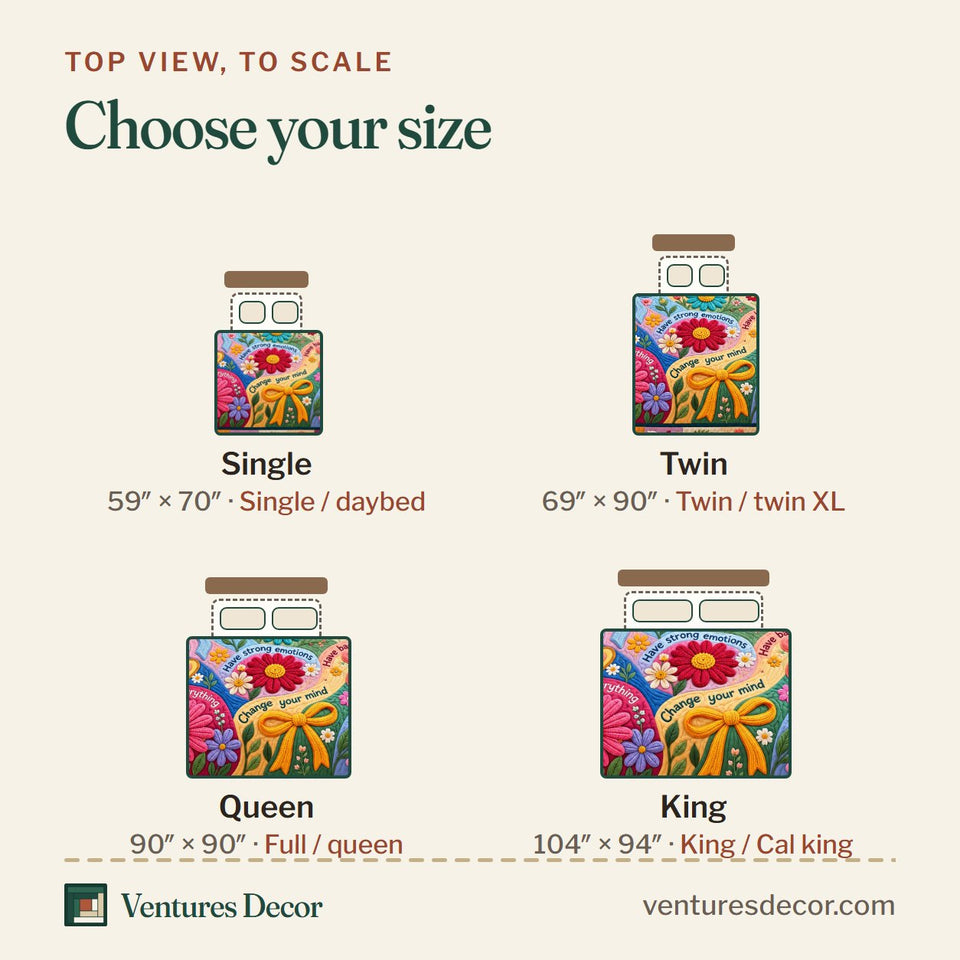 Size guide for the Its Okay Quilt Set, 3-Piece Quilted Bedding with 2 Pillow Shams quilt, top view to scale: Single 59 x 70 in, Twin 69 x 90 in, Queen 90 x 90 in, King 104 x 94 in
