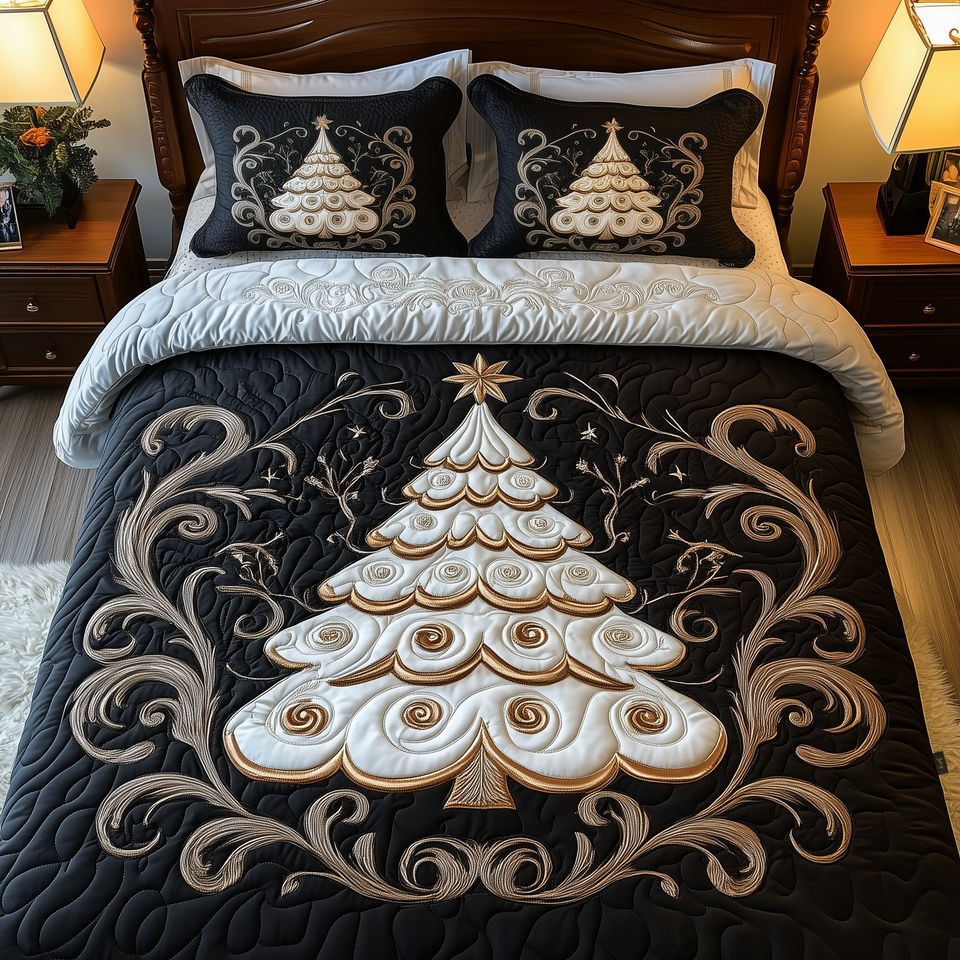Ivory Christmas Tree Scrolls quilted bedding set, quilt and two pillow shams on a made bed