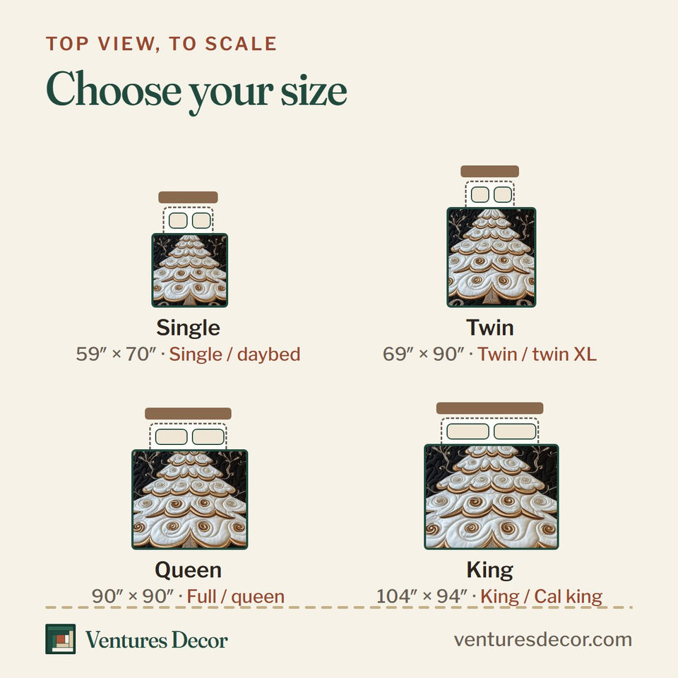 Size guide for the Ivory Christmas Tree Scrolls quilt, top view to scale: Single 59 x 70 in, Twin 69 x 90 in, Queen 90 x 90 in, King 104 x 94 in