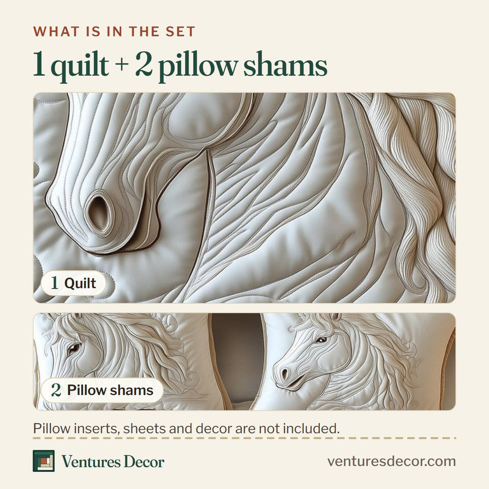 What is in the set: one quilt and two pillow shams, shown in the Ivory Relief Stallion design