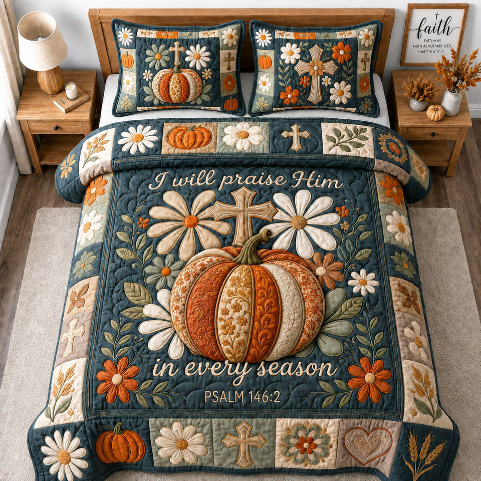 Iwill Praise Him quilted bedding set, quilt and two pillow shams on a made bed