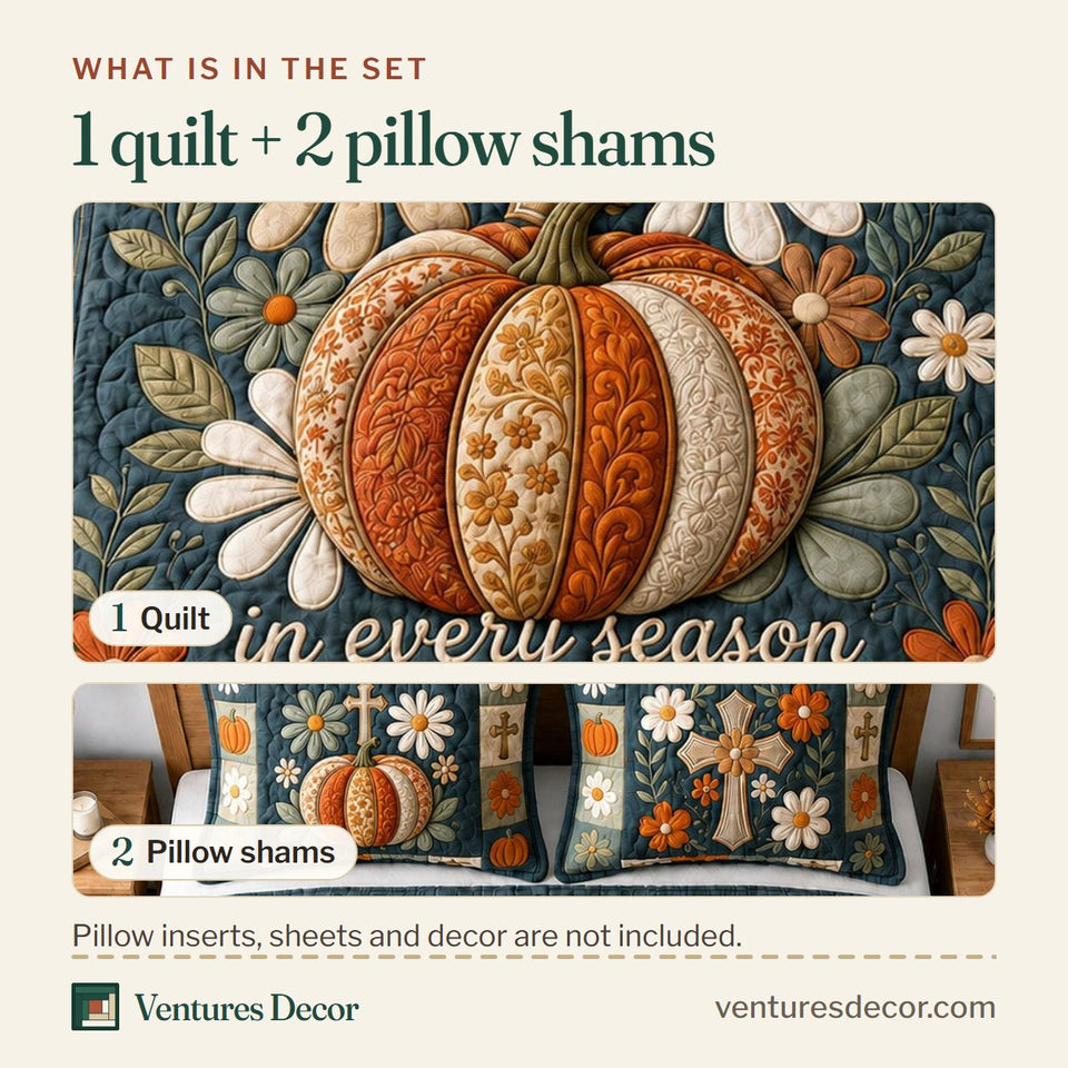 What is in the set: one quilt and two pillow shams, shown in the Iwill Praise Him design