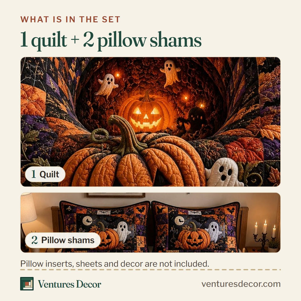 What is in the set: one quilt and two pillow shams, shown in the Jack Lantern Hollow Glow design