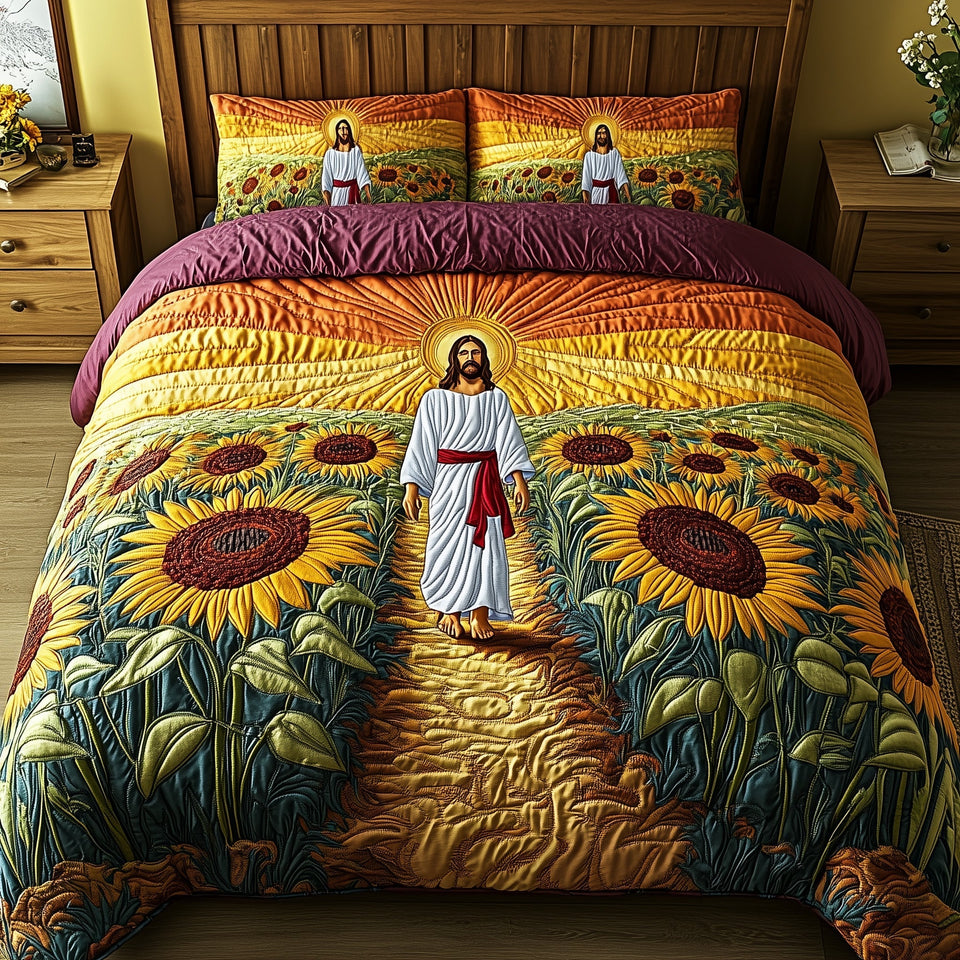 Jesus Among the Sunflowers quilted bedding set, quilt and two pillow shams on a made bed