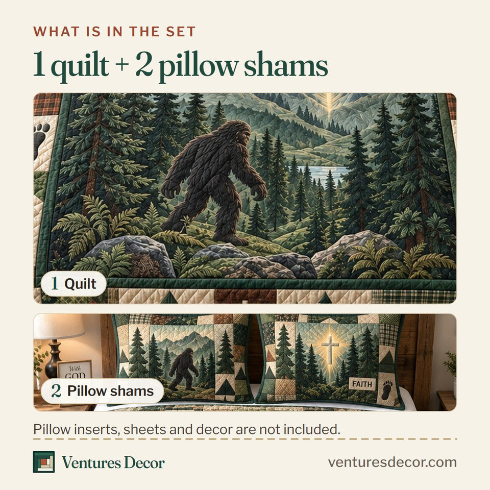 What is in the set: one quilt and two pillow shams, shown in the Jesus And Bigfoot design