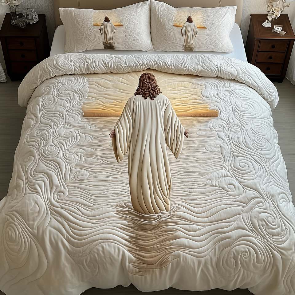 Jesus Bearing the Cross quilted bedding set, quilt and two pillow shams on a made bed