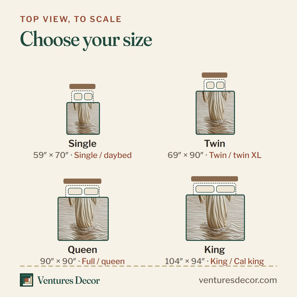 Size guide for the Jesus Bearing the Cross quilt, top view to scale: Single 59 x 70 in, Twin 69 x 90 in, Queen 90 x 90 in, King 104 x 94 in