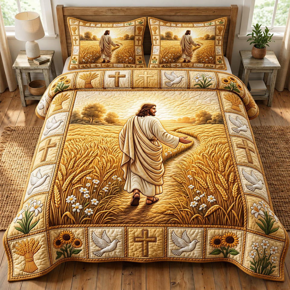 Jesus Christ Christian Decor quilted bedding set, quilt and two pillow shams on a made bed
