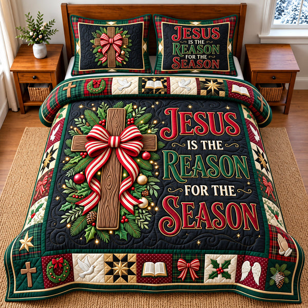 Jesus Christmas quilted bedding set, quilt and two pillow shams on a made bed