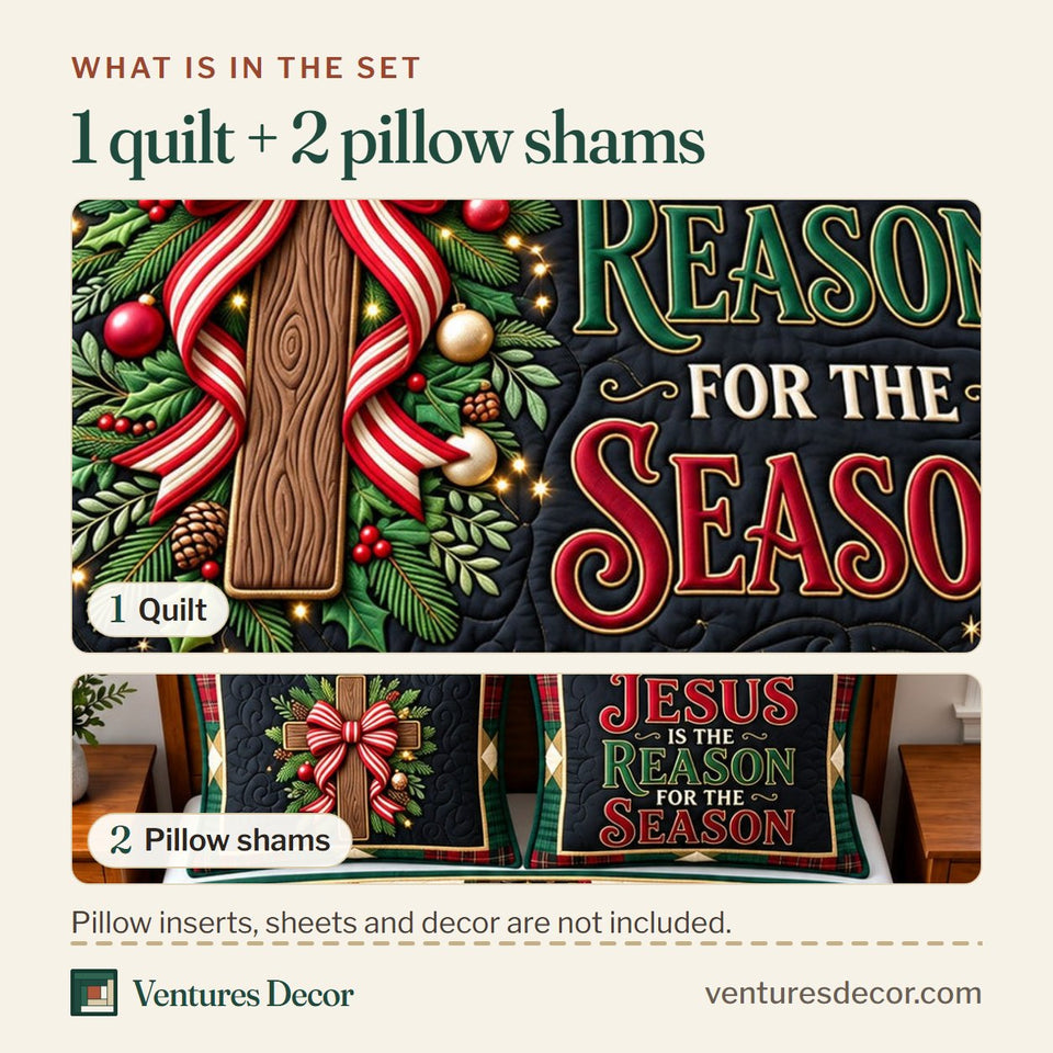 What is in the set: one quilt and two pillow shams, shown in the Christian Jesus Christmas Quilt Set, 3-Piece Quilted Bedding with 2 Pillow Shams design